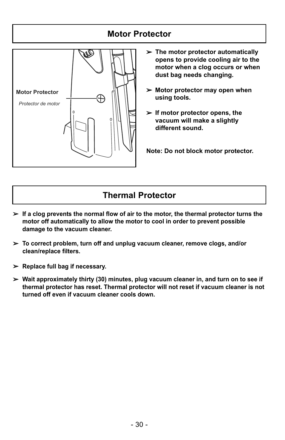 Motor protector, Thermal protector | Panasonic MC-UG725 User Manual | Page 30 / 64