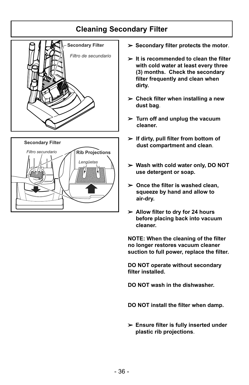 Cleaning secondary filter | Panasonic MC-UG725 User Manual | Page 36 / 64