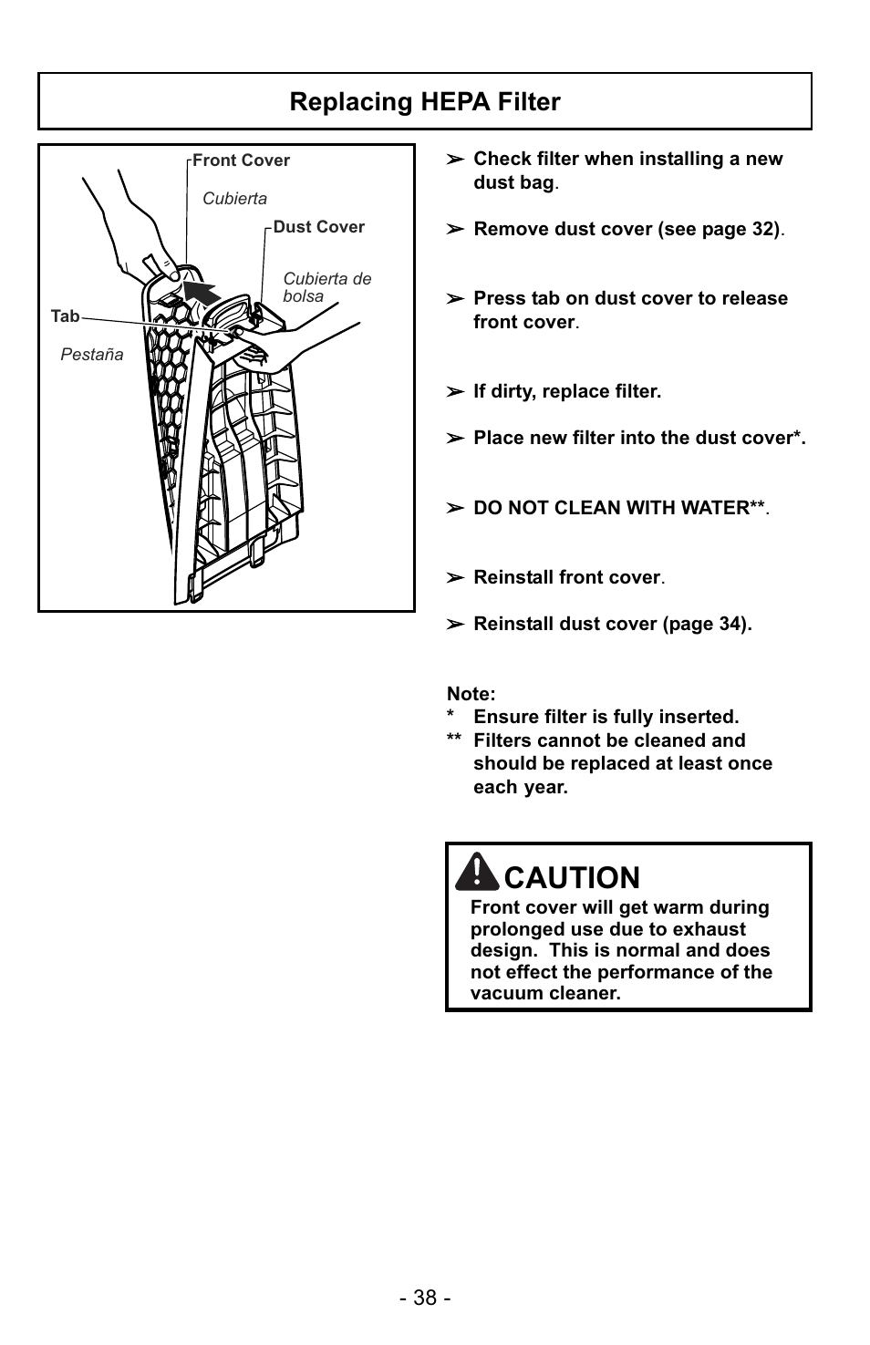 Replacing hepa filter, Caution | Panasonic MC-UG725 User Manual | Page 38 / 64