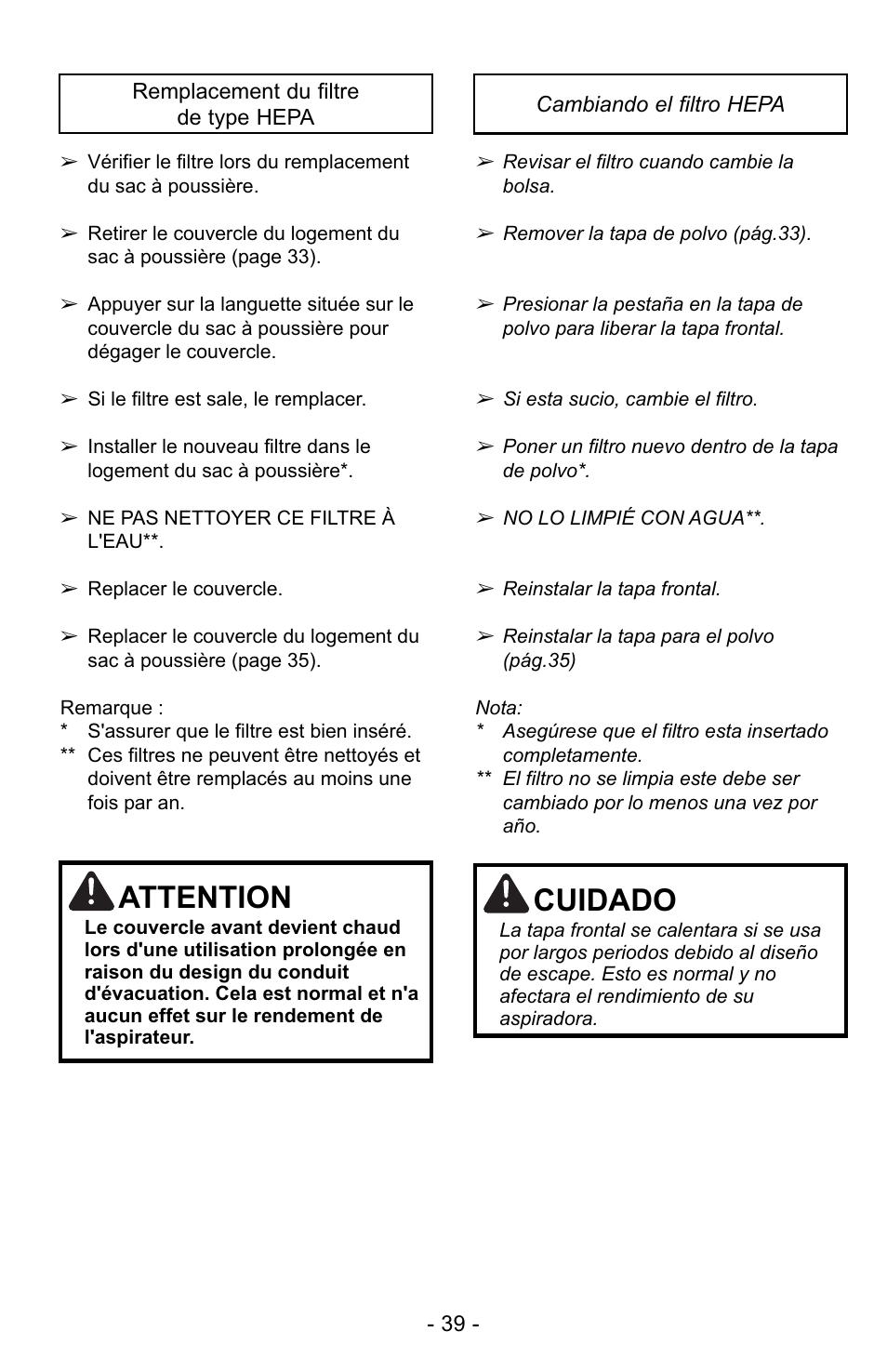 Attention, Cuidado | Panasonic MC-UG725 User Manual | Page 39 / 64