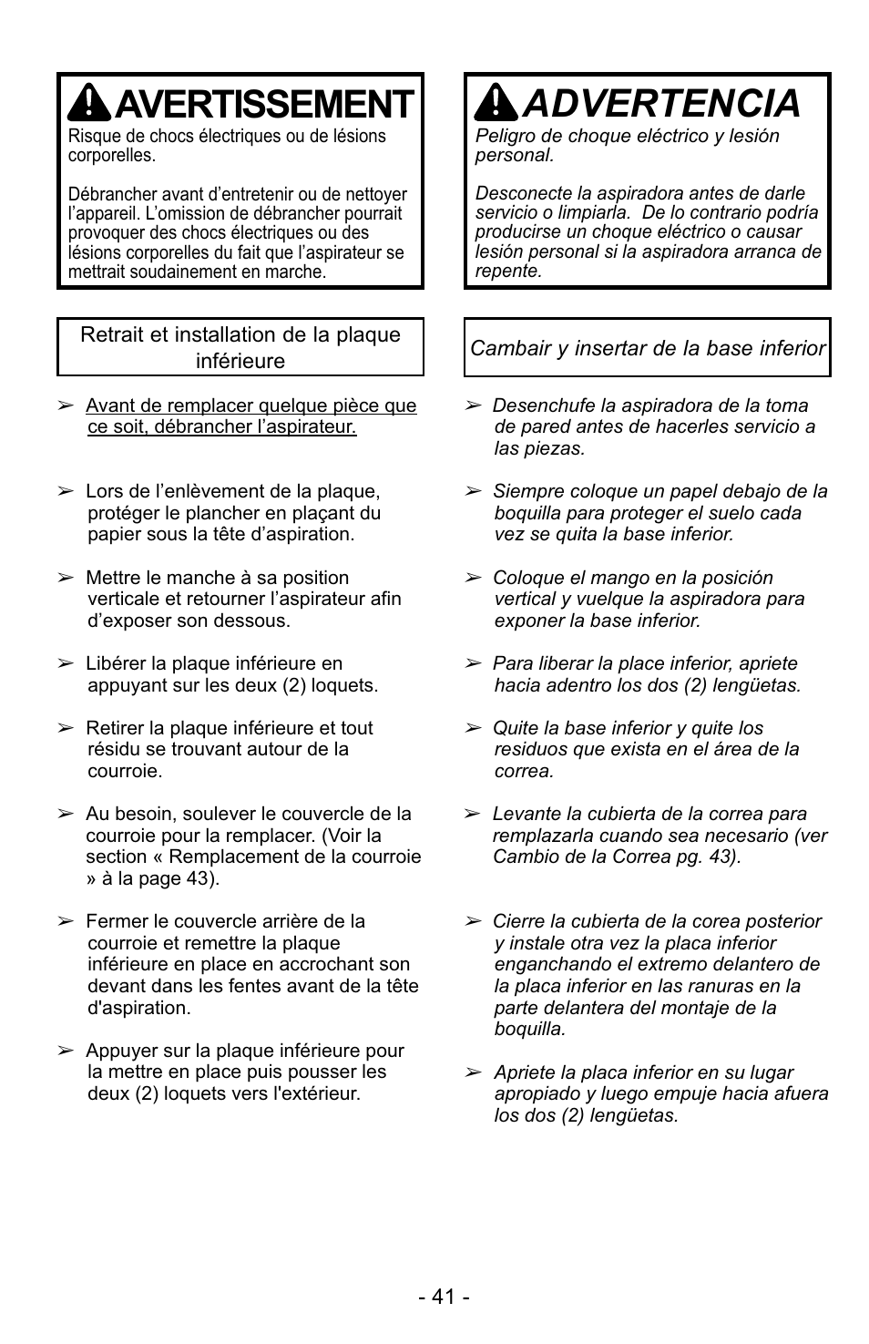 Avertissement, Advertencia | Panasonic MC-UG725 User Manual | Page 41 / 64