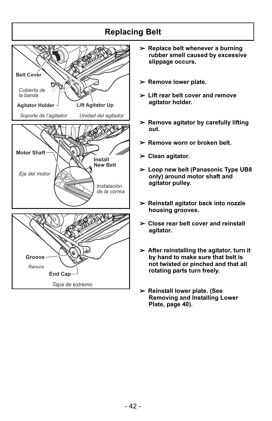 Replacing belt | Panasonic MC-UG725 User Manual | Page 42 / 64