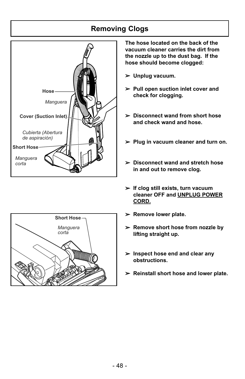 Removing clogs | Panasonic MC-UG725 User Manual | Page 48 / 64