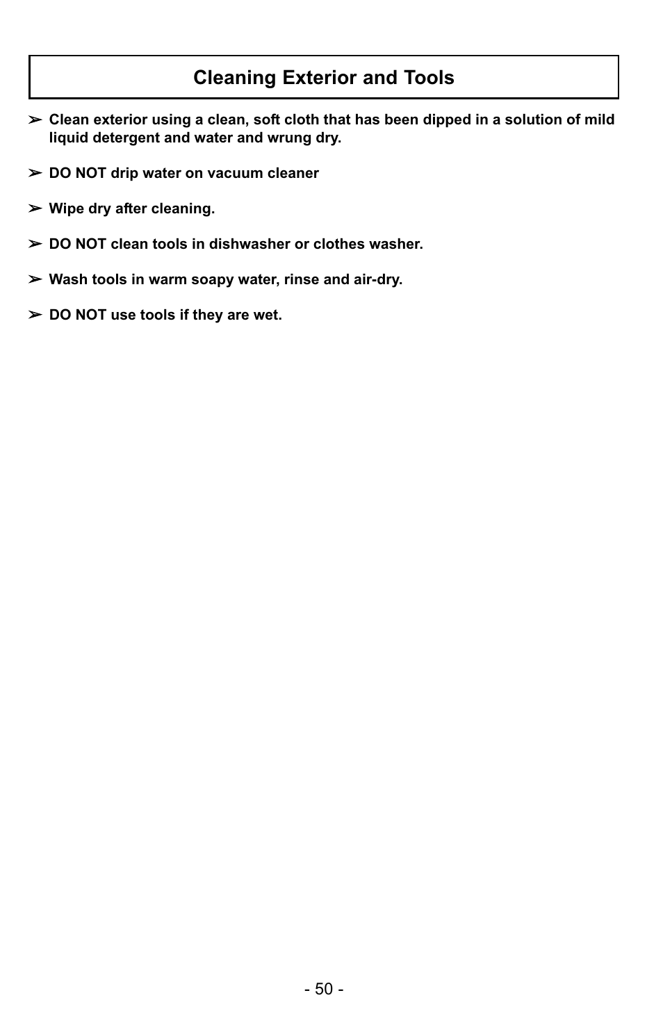 Cleaning exterior and tools | Panasonic MC-UG725 User Manual | Page 50 / 64