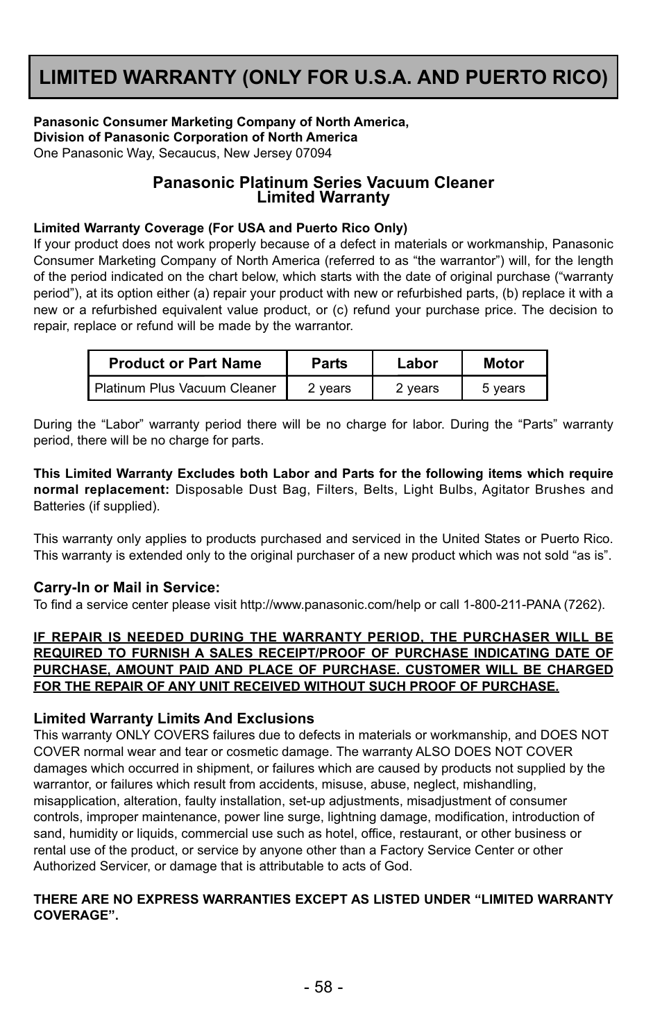 Warranty, Limited warranty (only for u.s.a. and puerto rico) | Panasonic MC-UG725 User Manual | Page 58 / 64