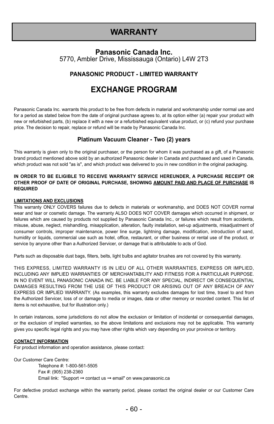 Warranty, Exchange program, Panasonic canada inc | Panasonic MC-UG725 User Manual | Page 60 / 64