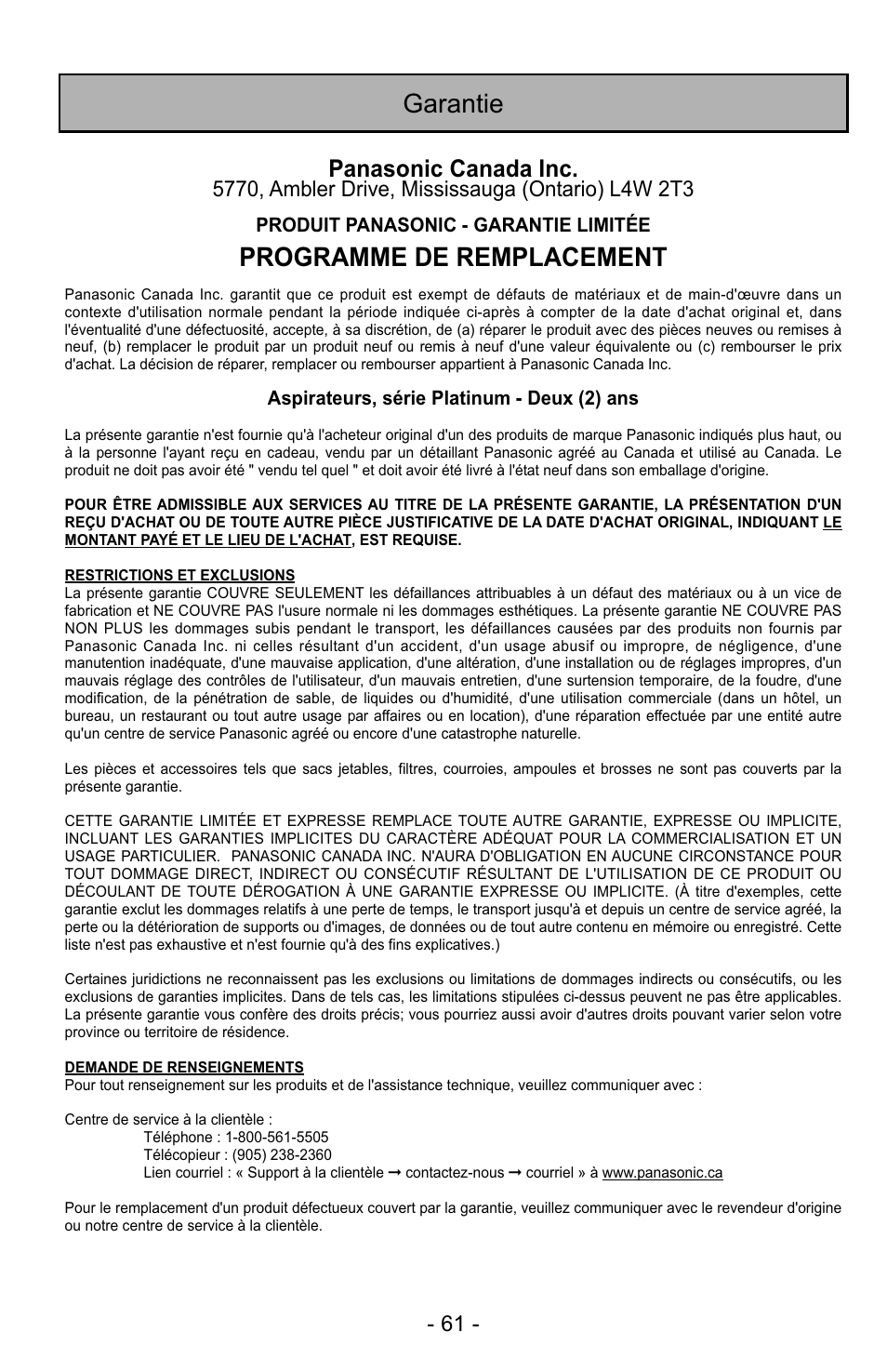 Garantie, Programme de remplacement, Panasonic canada inc | Panasonic MC-UG725 User Manual | Page 61 / 64
