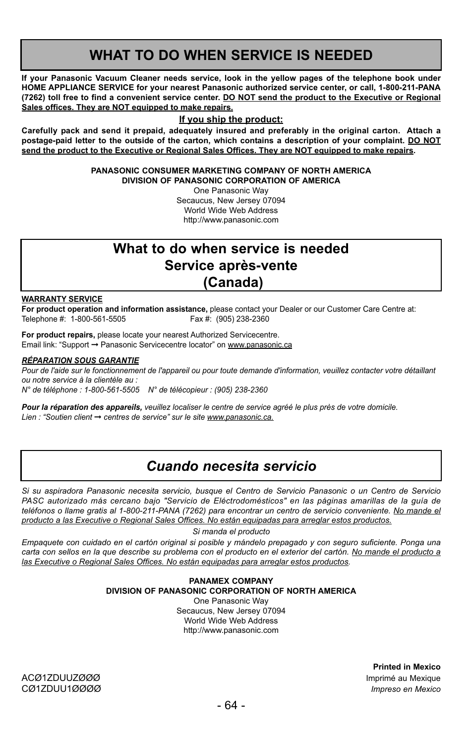 What to do when service is needed | Panasonic MC-UG725 User Manual | Page 64 / 64
