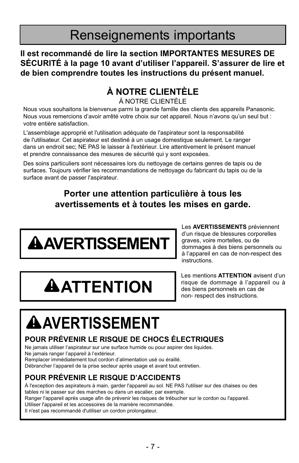 Avertissement, Attention, Renseignements importants | Panasonic MC-UG725 User Manual | Page 7 / 64