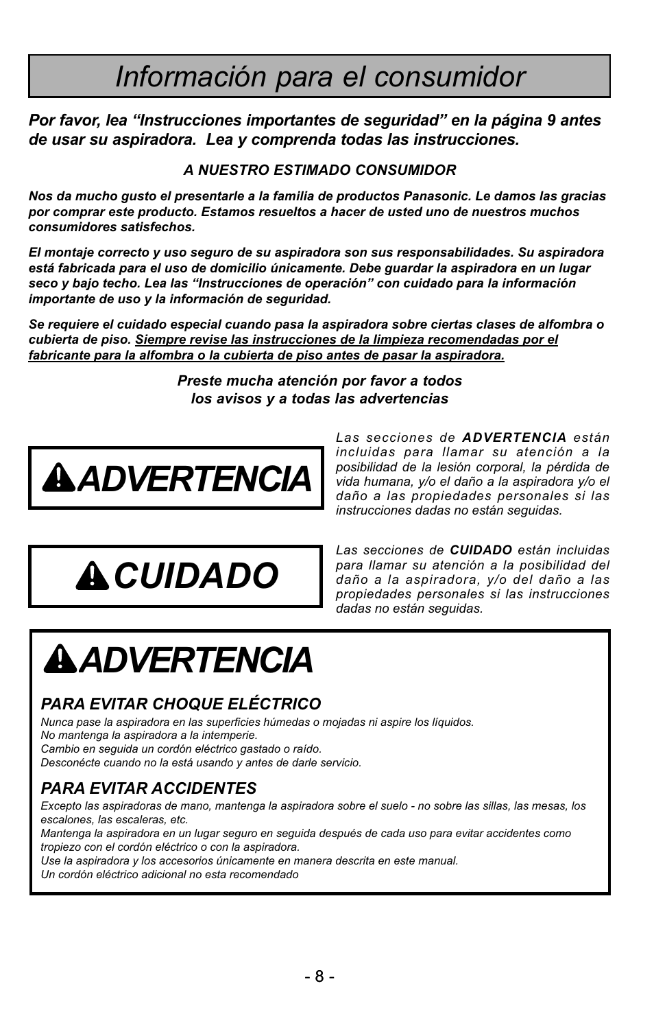 Advertencia, Cuidado, Información para el consumidor | Panasonic MC-UG725 User Manual | Page 8 / 64