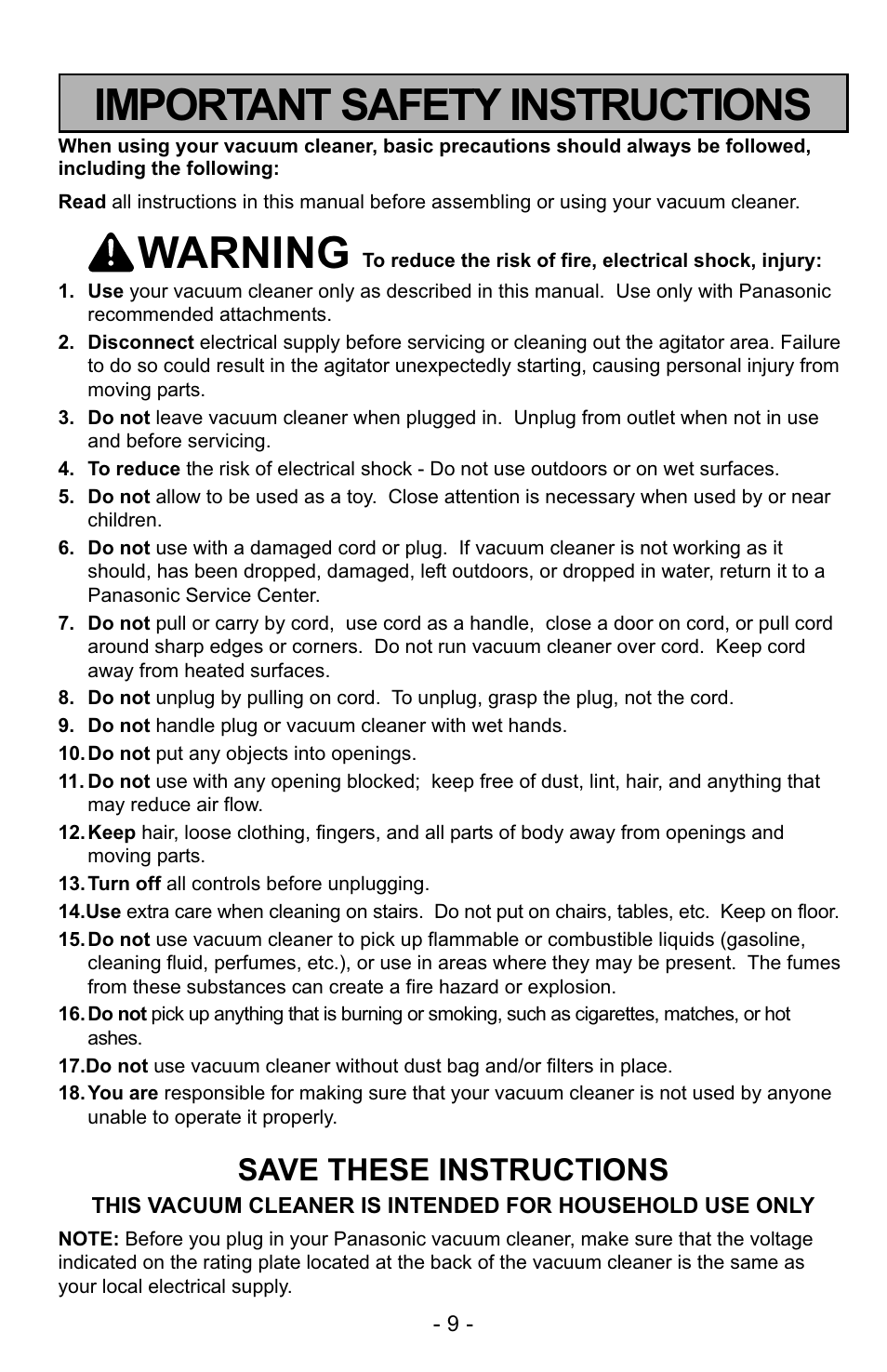 Important safety instructions, Warning, Save these instructions | Panasonic MC-UG725 User Manual | Page 9 / 64