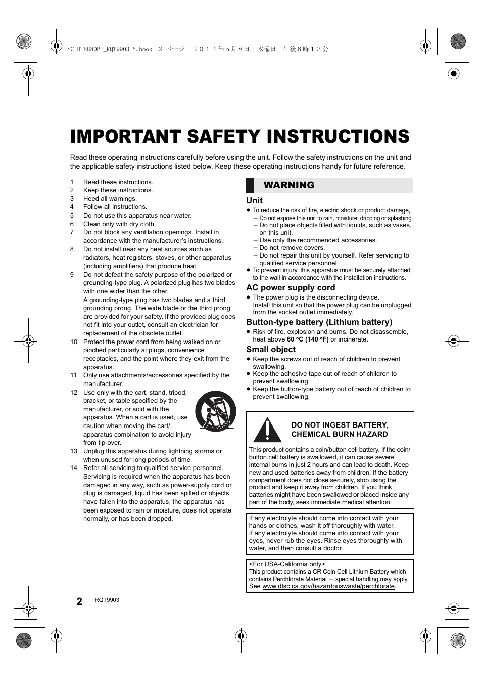 Important safety instructions, Warning | Panasonic SC-HTB880 User Manual | Page 2 / 34
