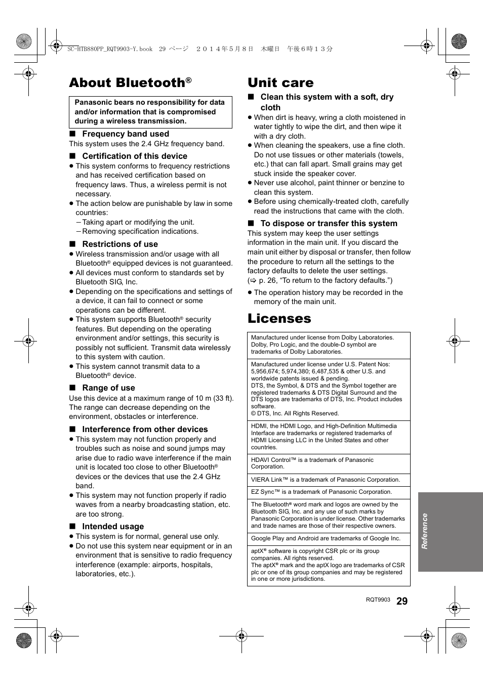 About bluetooth, Unit care, Licenses | Panasonic SC-HTB880 User Manual | Page 29 / 34