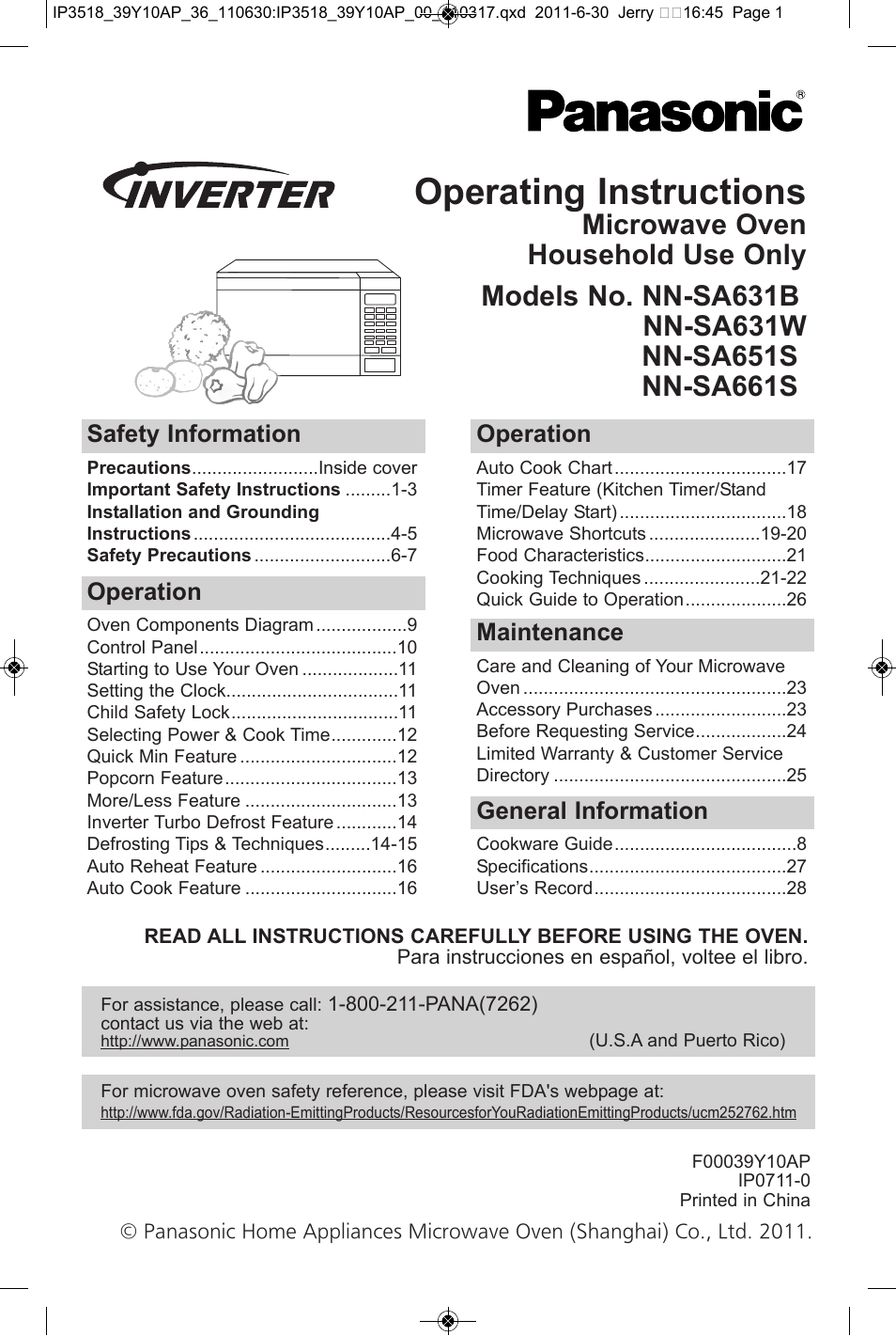 Panasonic NN-SA651S User Manual | 60 pages