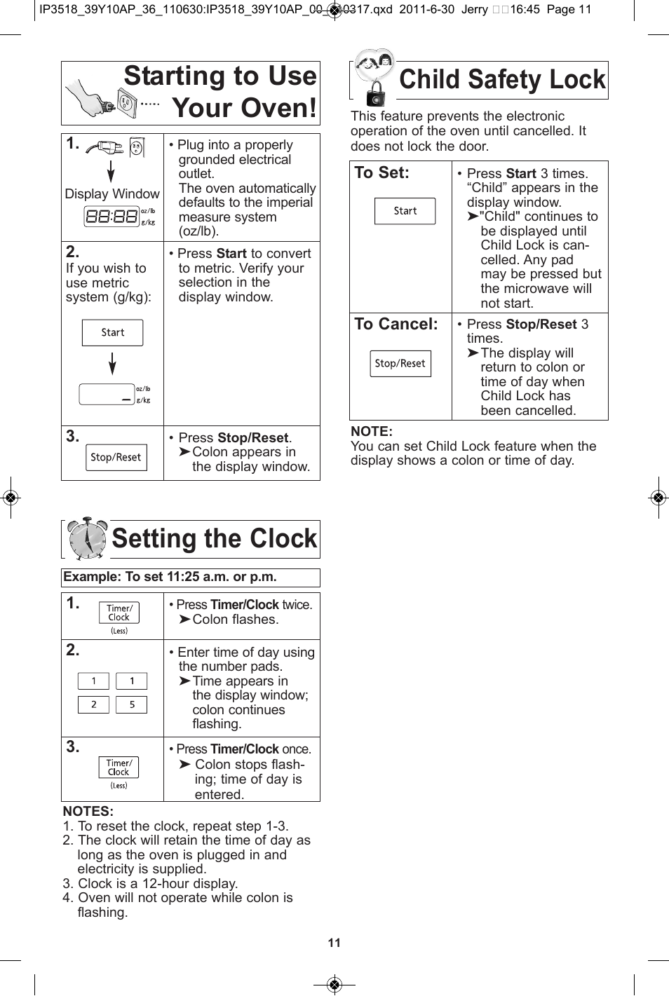 Child safety lock setting the clock, Starting to use your oven | Panasonic NN-SA651S User Manual | Page 13 / 60