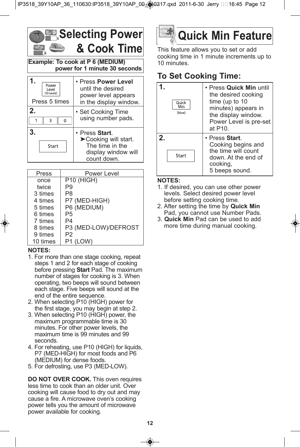 Selecting power & cook time, Quick min feature | Panasonic NN-SA651S User Manual | Page 14 / 60