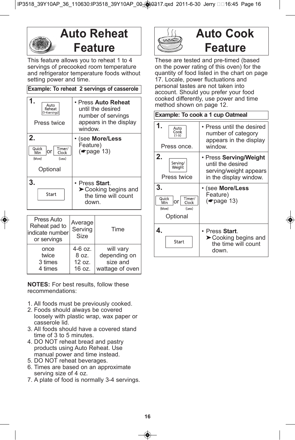 Auto reheat feature auto cook feature | Panasonic NN-SA651S User Manual | Page 18 / 60