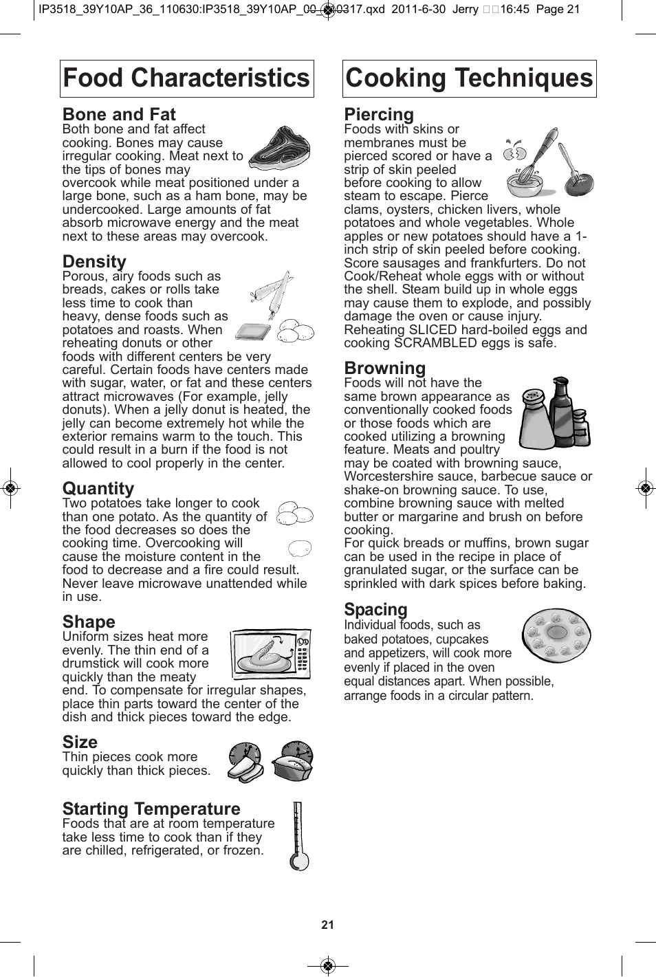 Food characteristics cooking techniques, Bone and fat, Density | Quantity, Shape, Size, Starting temperature, Piercing, Browning, Spacing | Panasonic NN-SA651S User Manual | Page 23 / 60