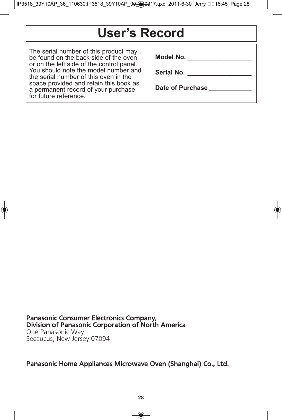 User’s record | Panasonic NN-SA651S User Manual | Page 30 / 60
