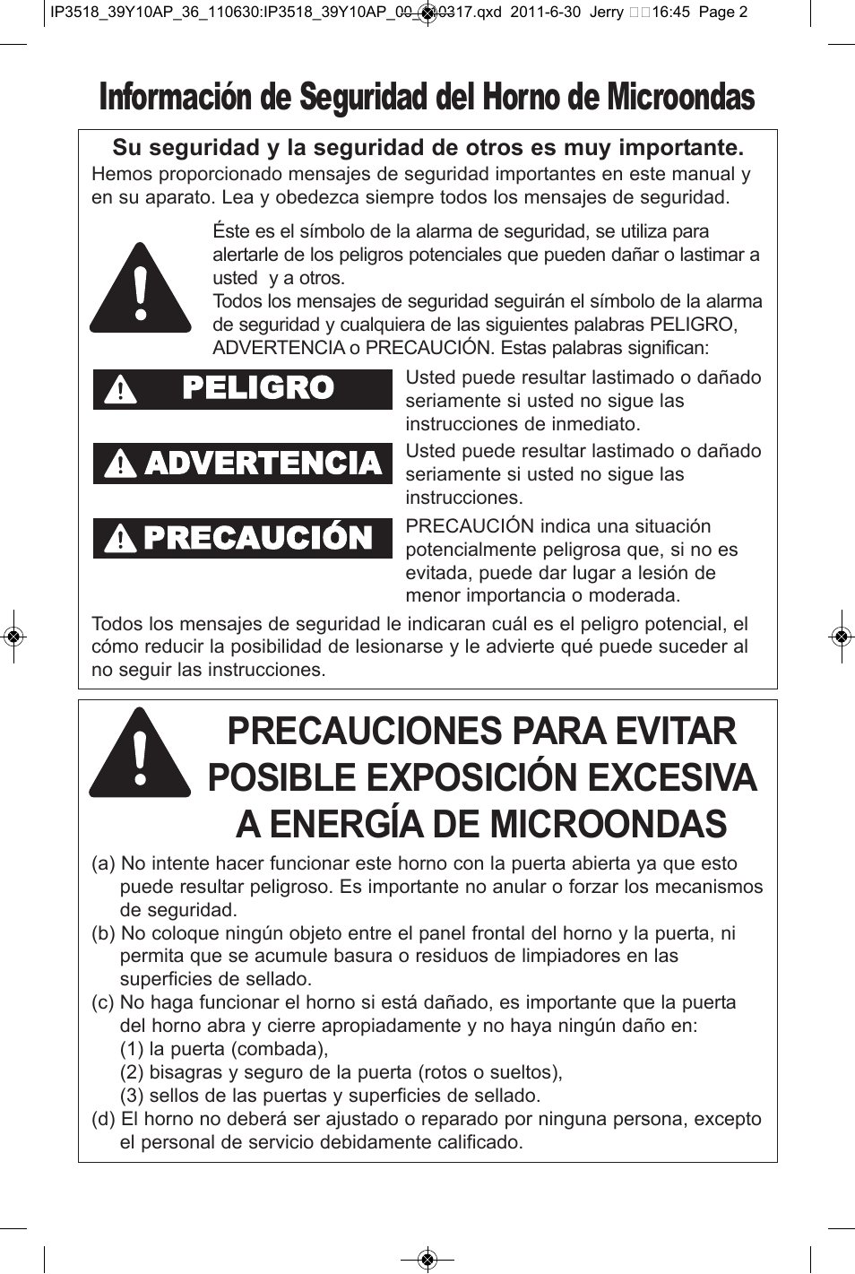 Información de seguridad del horno de microondas, Peligro advertencia, Precaución | Panasonic NN-SA651S User Manual | Page 32 / 60