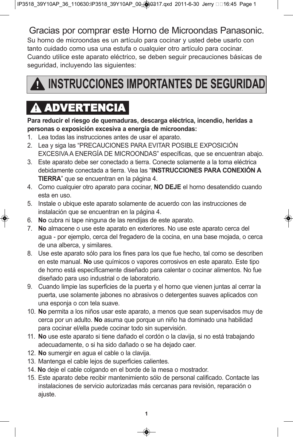 Instrucciones importantes de seguridad, Advertencia | Panasonic NN-SA651S User Manual | Page 33 / 60
