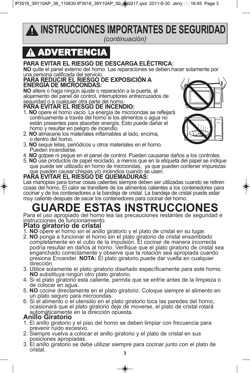 Guarde estas instrucciones, Instrucciones importantes de seguridad, Advertencia | Panasonic NN-SA651S User Manual | Page 35 / 60