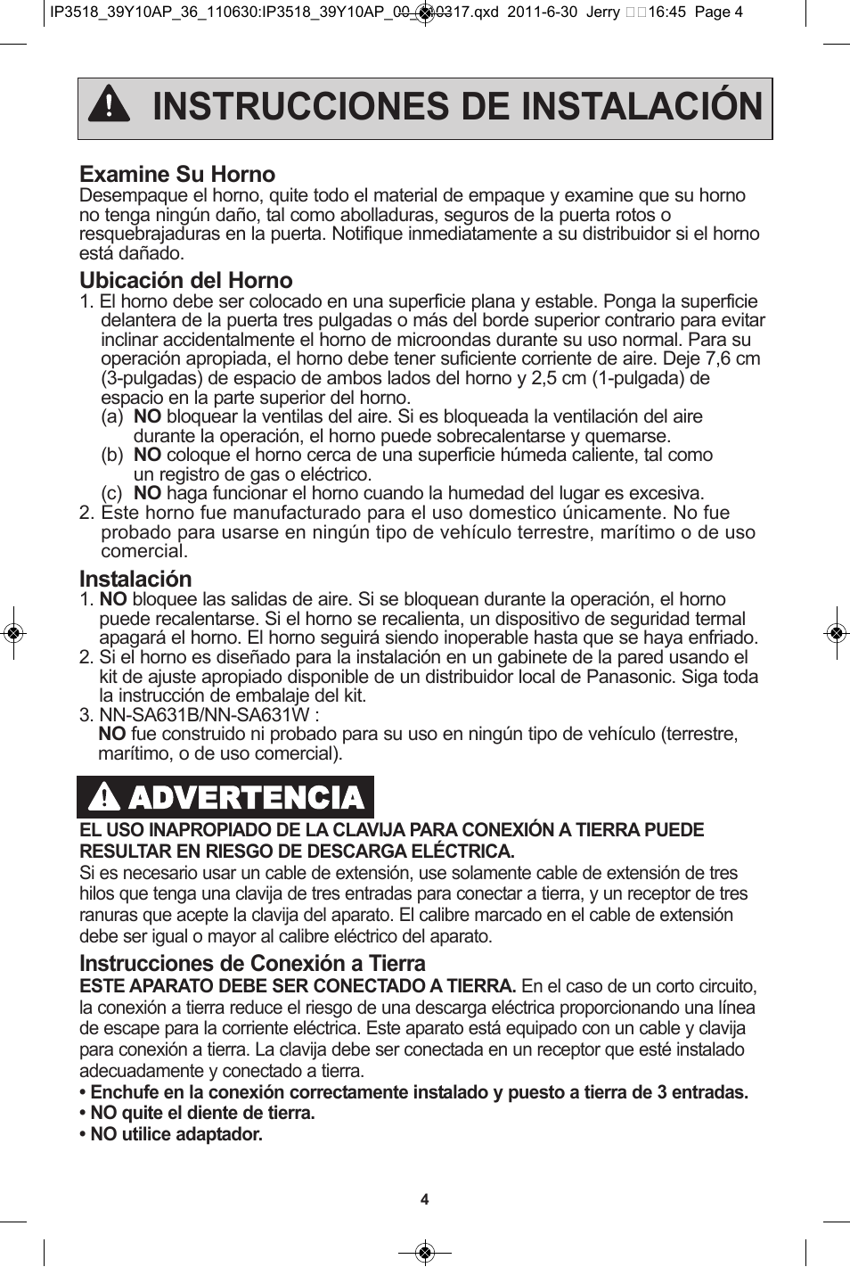 Instrucciones de instalación, Advertencia | Panasonic NN-SA651S User Manual | Page 36 / 60