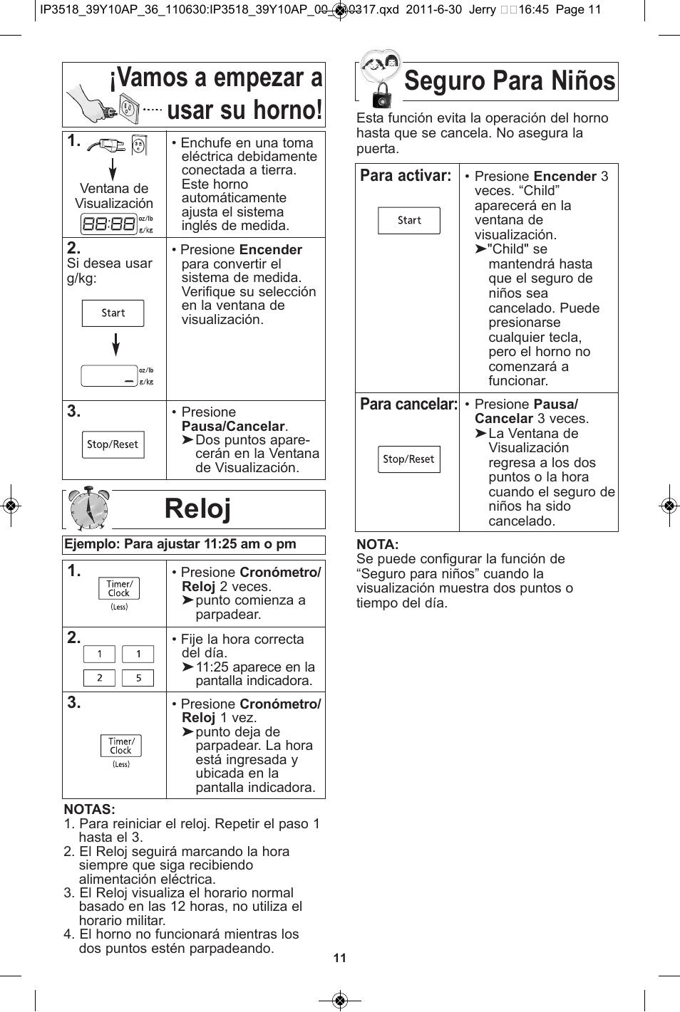 Seguro para niños reloj, Vamos a empezar a usar su horno | Panasonic NN-SA651S User Manual | Page 43 / 60