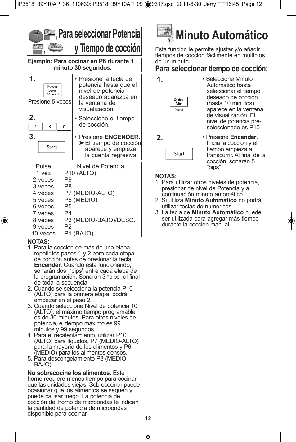 Para seleccionar potencia y tiempo de cocción, Minuto automático, Para seleccionar tiempo de cocción | Panasonic NN-SA651S User Manual | Page 44 / 60