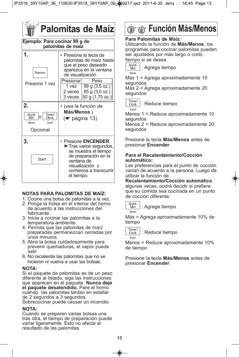 Función más/menos, Palomitas de maíz | Panasonic NN-SA651S User Manual | Page 45 / 60