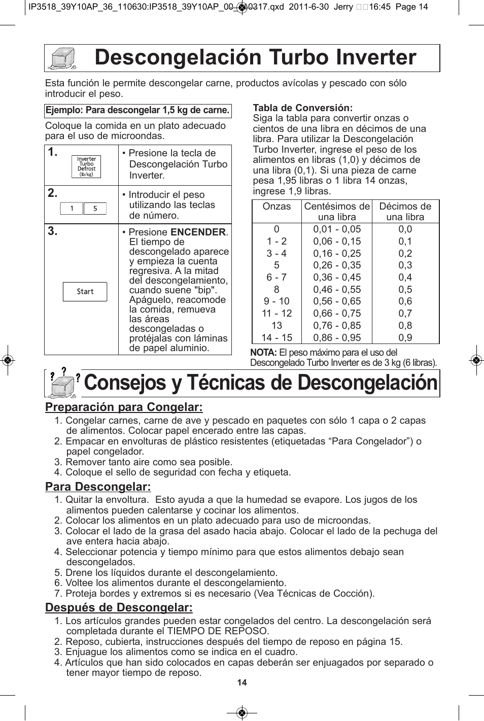 Descongelación turbo inverter, Consejos y técnicas de descongelación | Panasonic NN-SA651S User Manual | Page 46 / 60