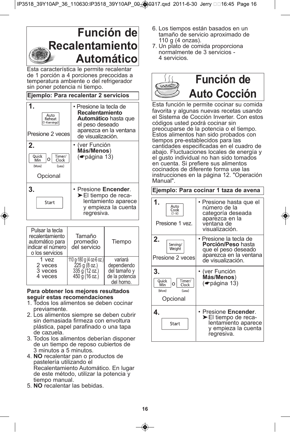 Función de auto cocción, Función de recalentamiento automático | Panasonic NN-SA651S User Manual | Page 48 / 60