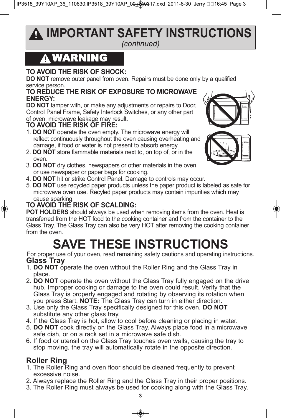 Save these instructions, Important safety instructions, Warning | Panasonic NN-SA651S User Manual | Page 5 / 60
