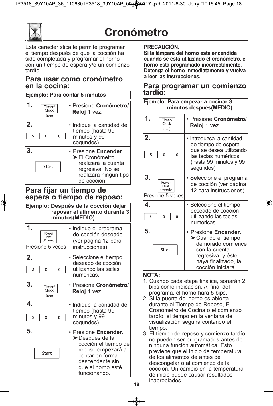 Cronómetro, Para usar como cronómetro en la cocina, Para fijar un tiempo de espera o tiempo de reposo | Para programar un comienzo tardío | Panasonic NN-SA651S User Manual | Page 50 / 60