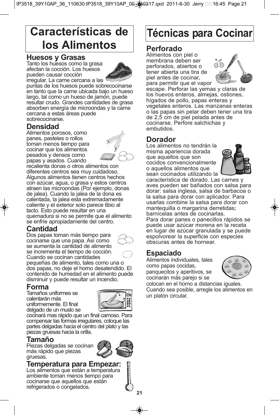 Huesos y grasas, Densidad, Cantidad | Forma, Tamaño, Temperatura para empezar, Perforado, Dorador, Espaciado | Panasonic NN-SA651S User Manual | Page 53 / 60