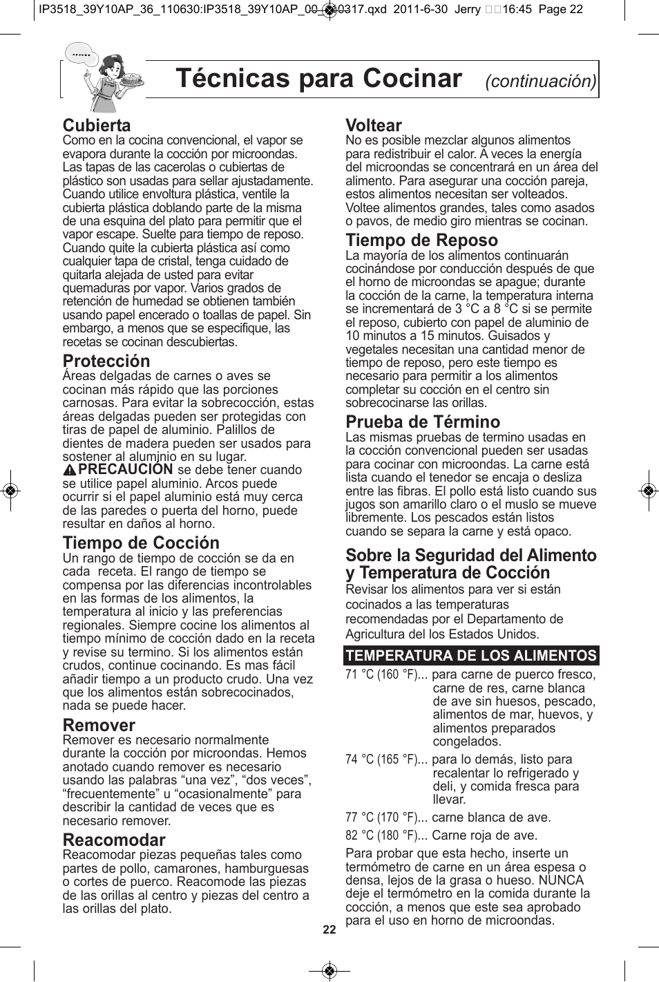 Técnicas para cocinar, Continuación) cubierta, Protección | Tiempo de cocción, Remover, Reacomodar, Voltear, Tiempo de reposo, Prueba de término | Panasonic NN-SA651S User Manual | Page 54 / 60
