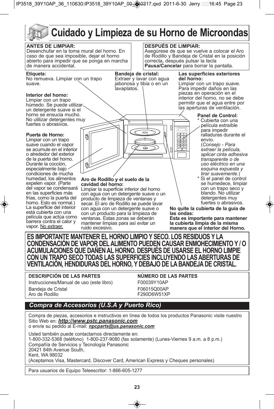 Cuidado y limpieza de su horno de microondas | Panasonic NN-SA651S User Manual | Page 55 / 60