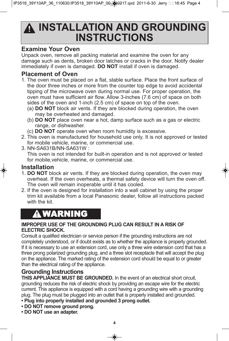 Installation and grounding instructions, Warning | Panasonic NN-SA651S User Manual | Page 6 / 60