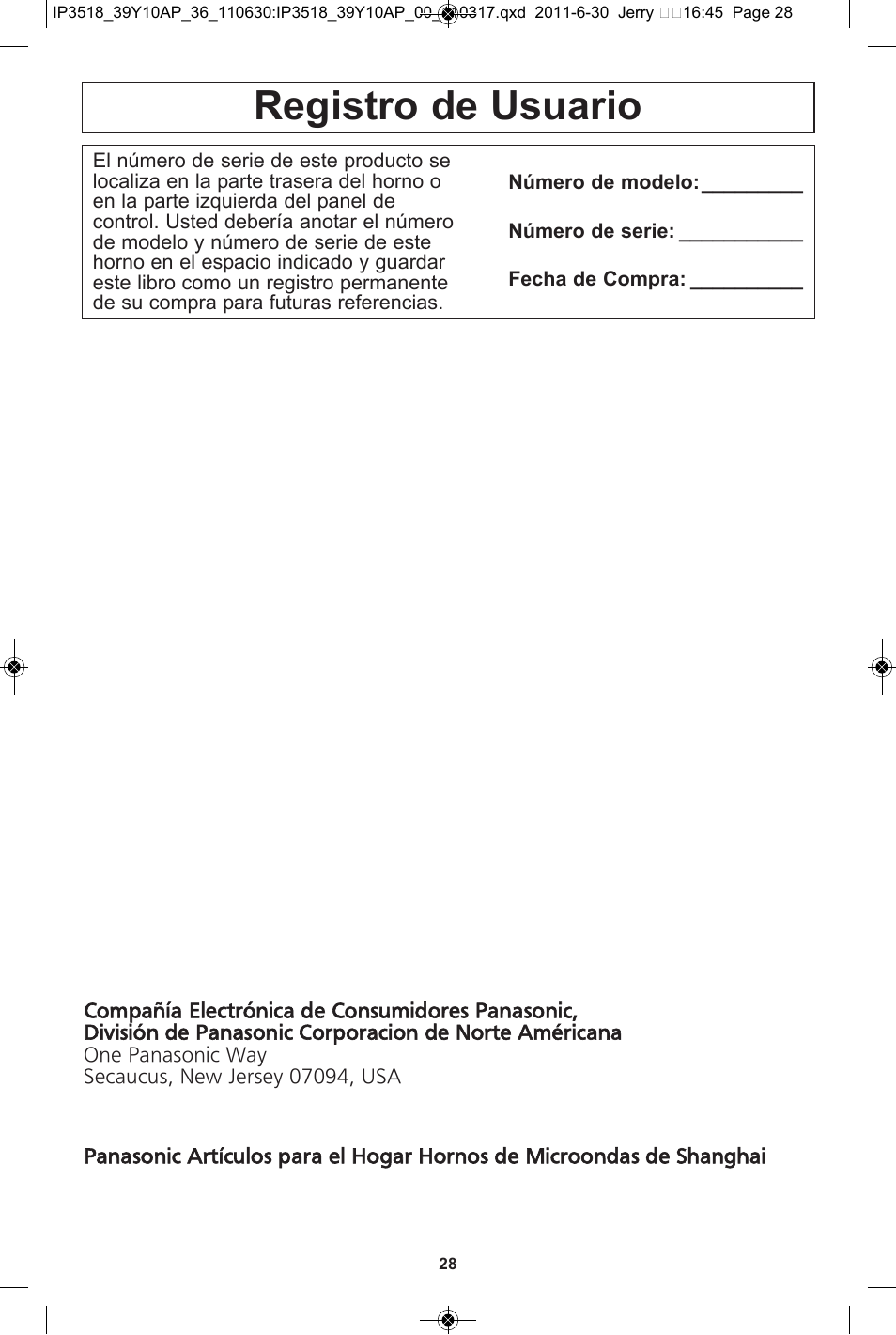 Registro de usuario | Panasonic NN-SA651S User Manual | Page 60 / 60