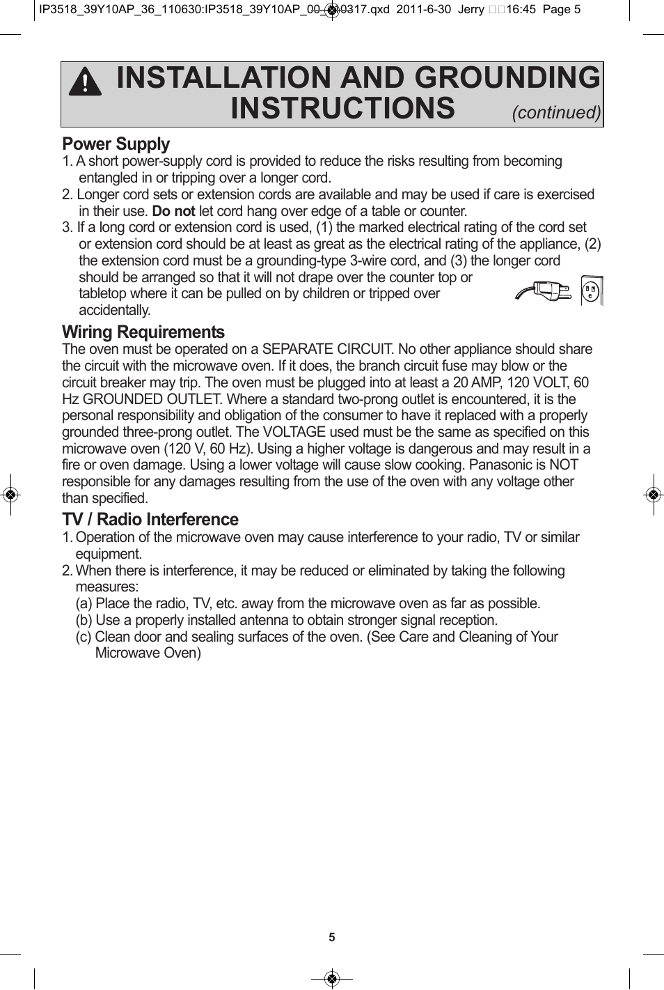 Installation and grounding instructions | Panasonic NN-SA651S User Manual | Page 7 / 60