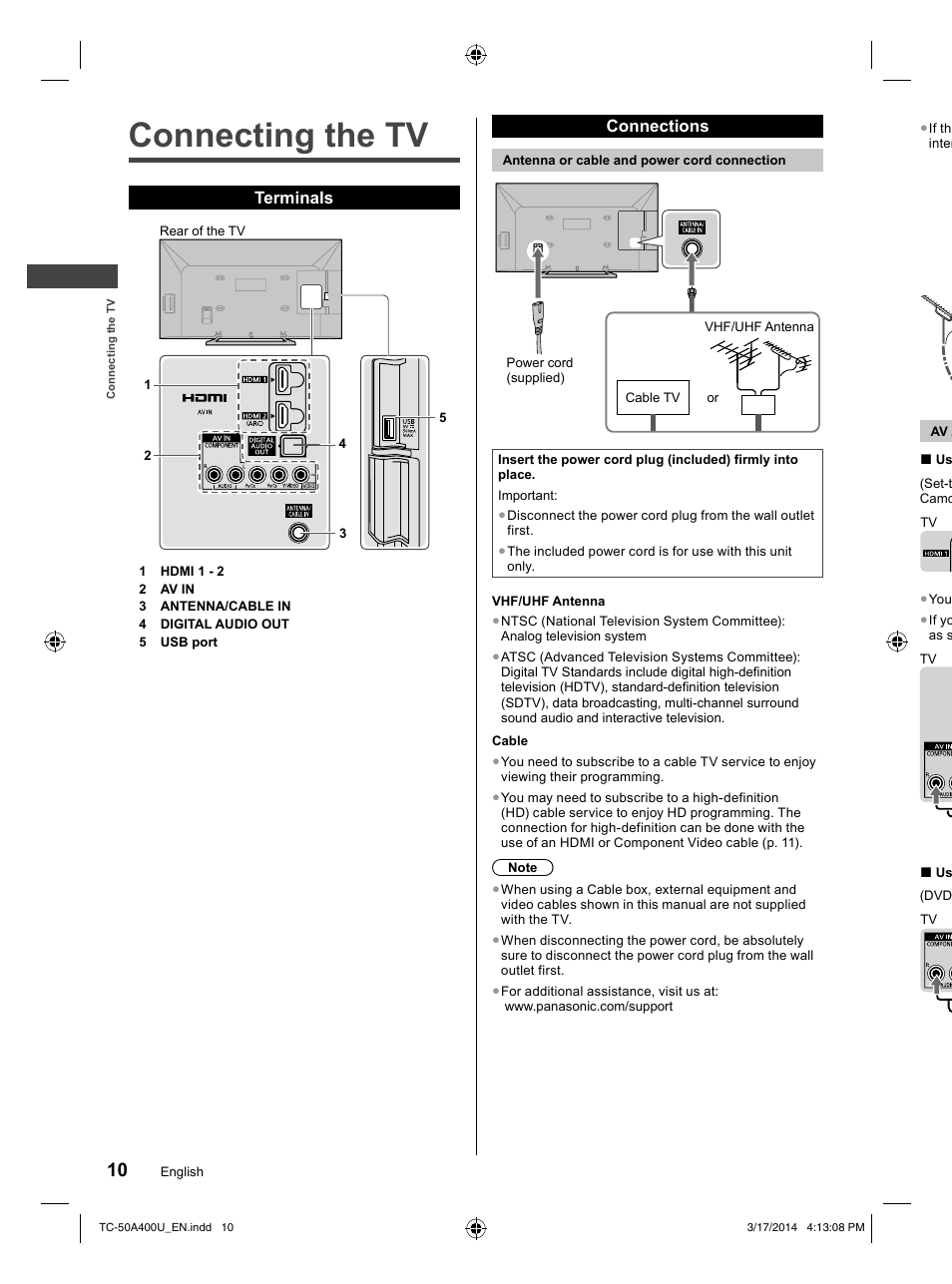 Connecting the tv | Panasonic TC-50A400U User Manual | Page 10 / 32
