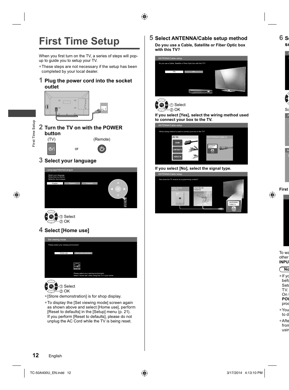 First time setup, Plug the power cord into the socket outlet, Turn the tv on with the power button | Select your language, Select [home use, Select antenna/cable setup method, Se sc | Panasonic TC-50A400U User Manual | Page 12 / 32