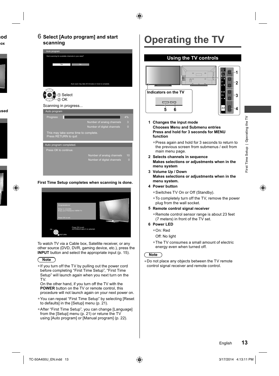Operating the tv, Select [auto program] and start scanning, Using the tv controls | Panasonic TC-50A400U User Manual | Page 13 / 32