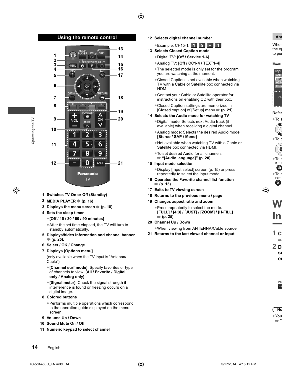 Wa in, Using the remote control, D se eq | Panasonic TC-50A400U User Manual | Page 14 / 32