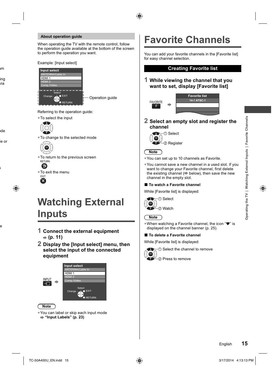Watching external inputs, Favorite channels, Connect the external equipment (p. 11) | Creating favorite list, Select an empty slot and register the channel | Panasonic TC-50A400U User Manual | Page 15 / 32