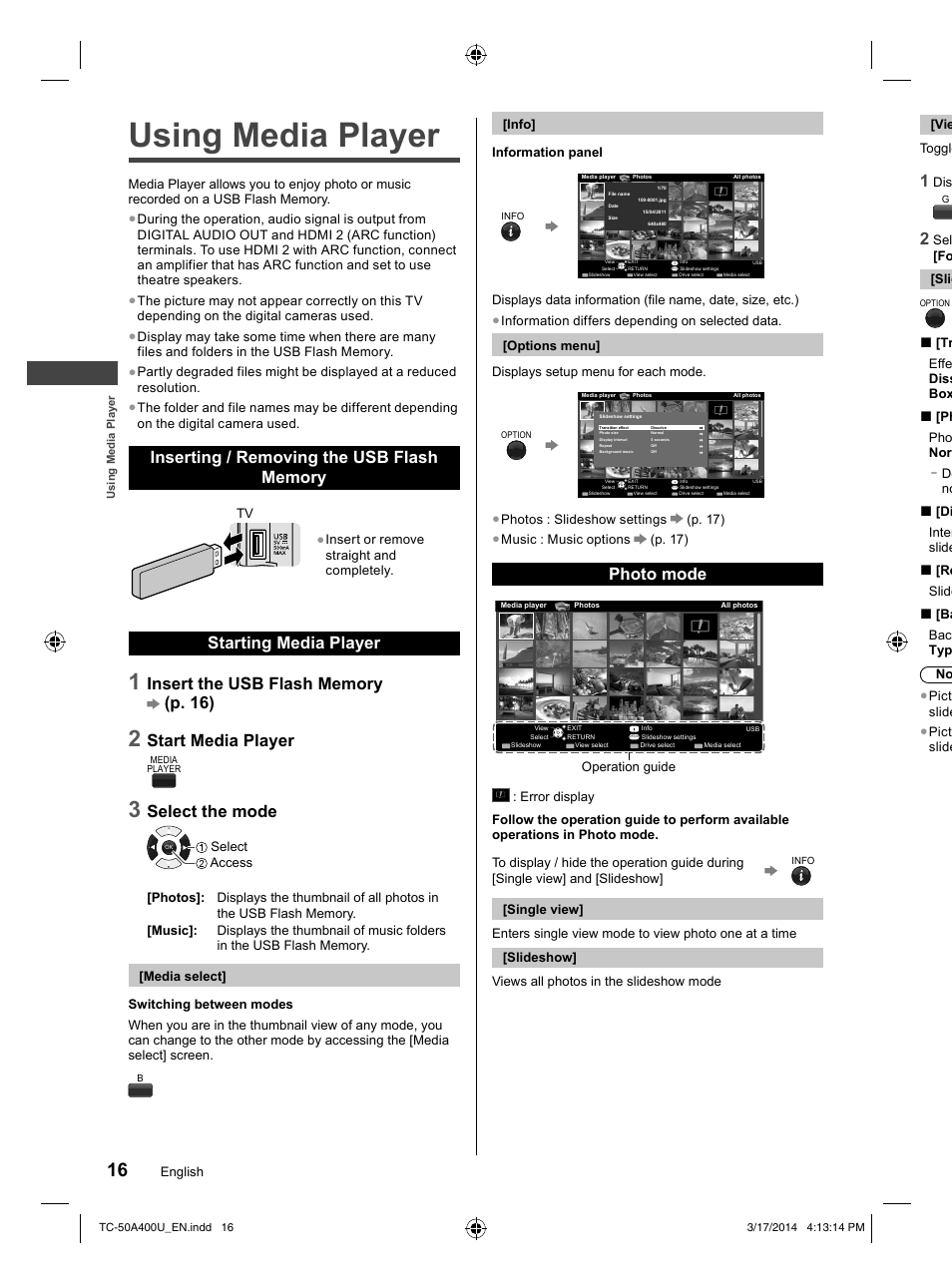 Using media player, Starting media player, Start media player | Select the mode, Photo mode | Panasonic TC-50A400U User Manual | Page 16 / 32