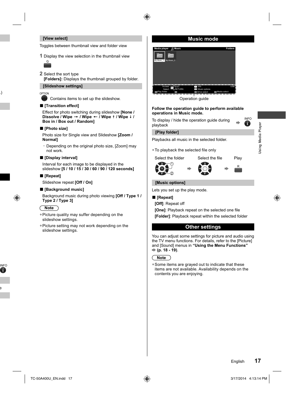 Music mode, Other settings | Panasonic TC-50A400U User Manual | Page 17 / 32