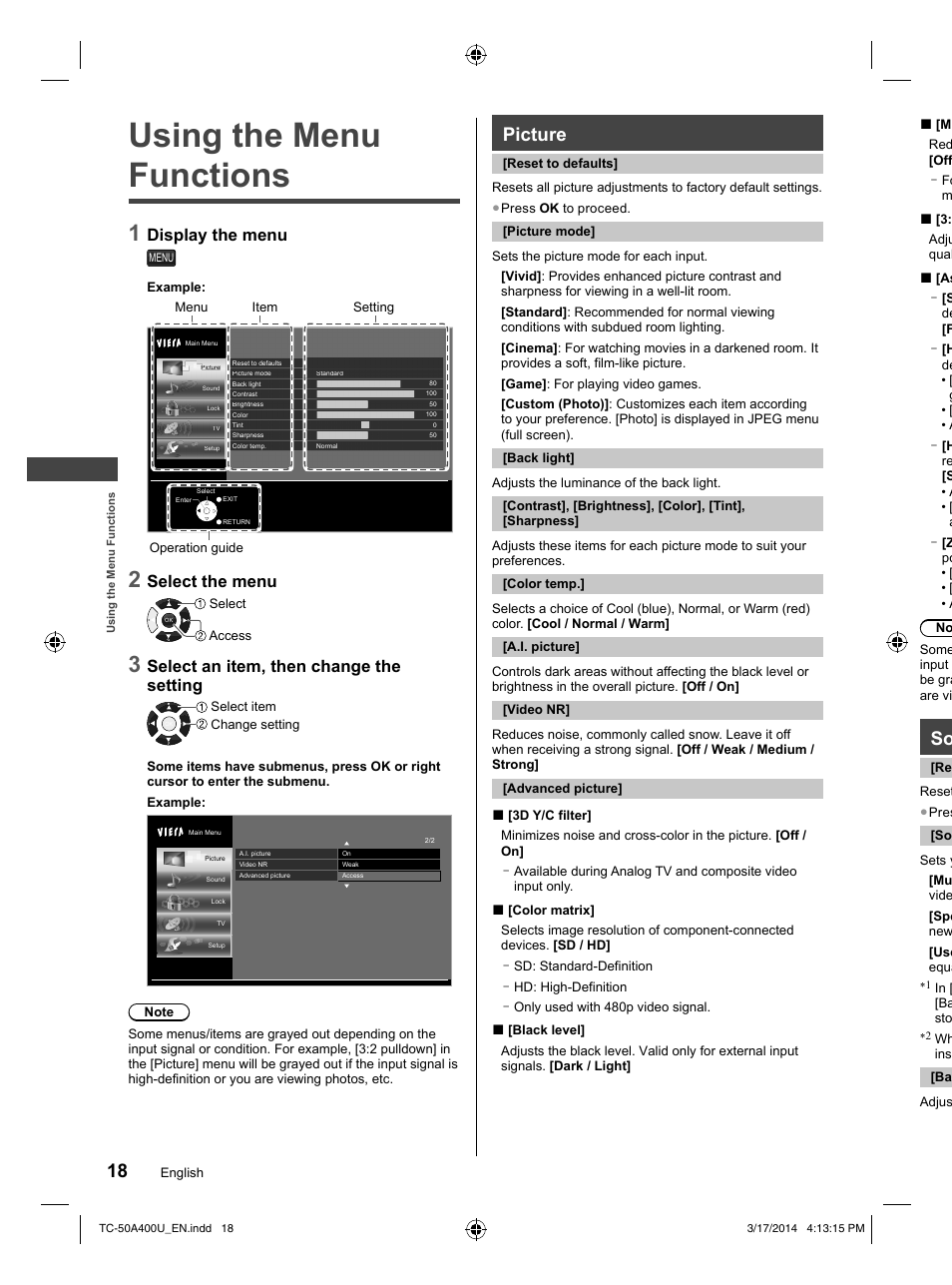 Using the menu functions, Picture, Display the menu | Select the menu, Select an item, then change the setting | Panasonic TC-50A400U User Manual | Page 18 / 32