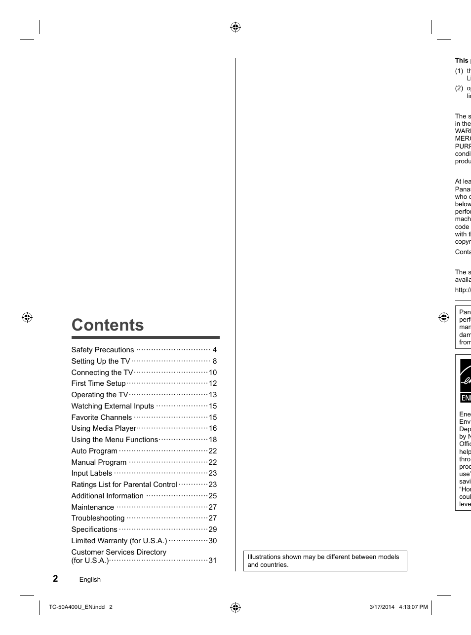 Panasonic TC-50A400U User Manual | Page 2 / 32