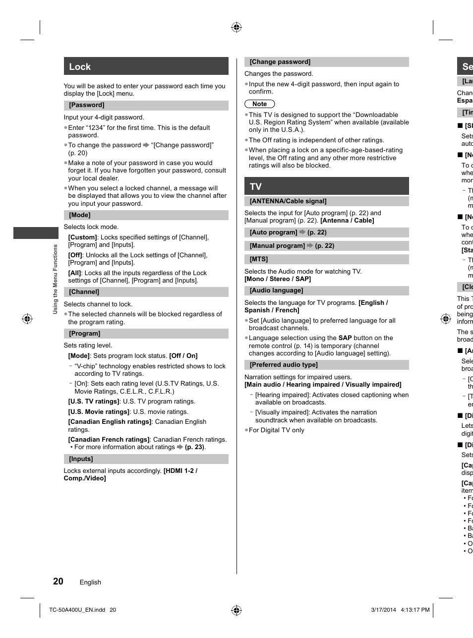 Lock | Panasonic TC-50A400U User Manual | Page 20 / 32